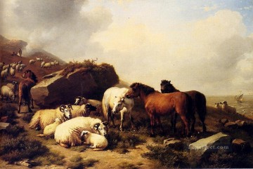  verboeckhoven - Pferde und Schaf an der Küste Eugene Verboeckhoven Tier